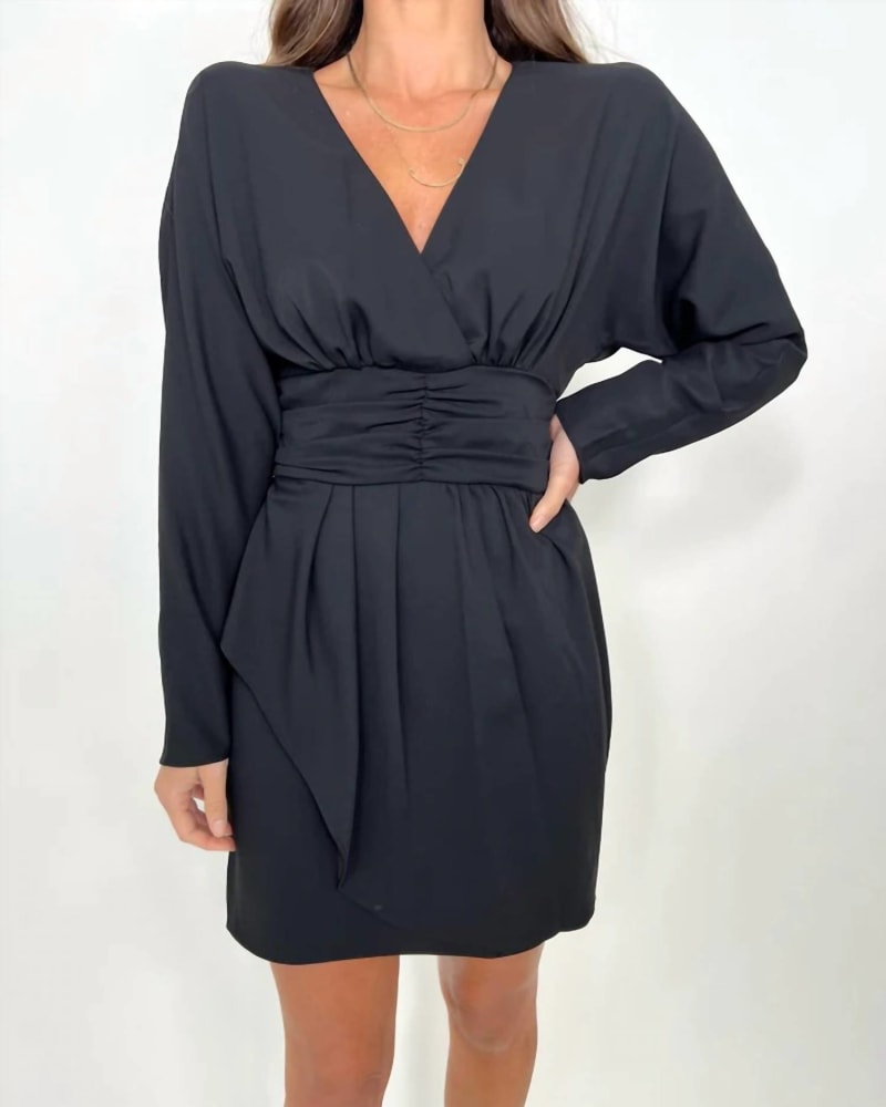 Front of a model wearing a size L Abilene Dress in Black in Black by Amanda Uprichard. | dia_product_style_image_id:339326